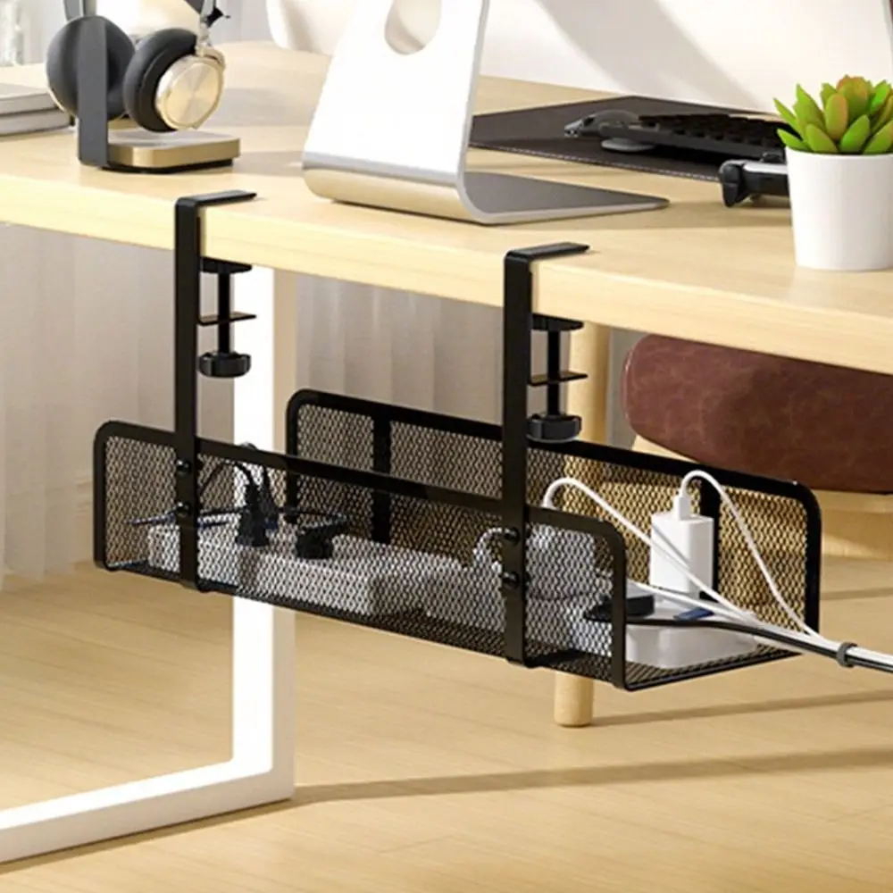 

Black White Under Desk Storage Basket Easy Install Adjustable Desk Cable Organizer No Punching Required Steel