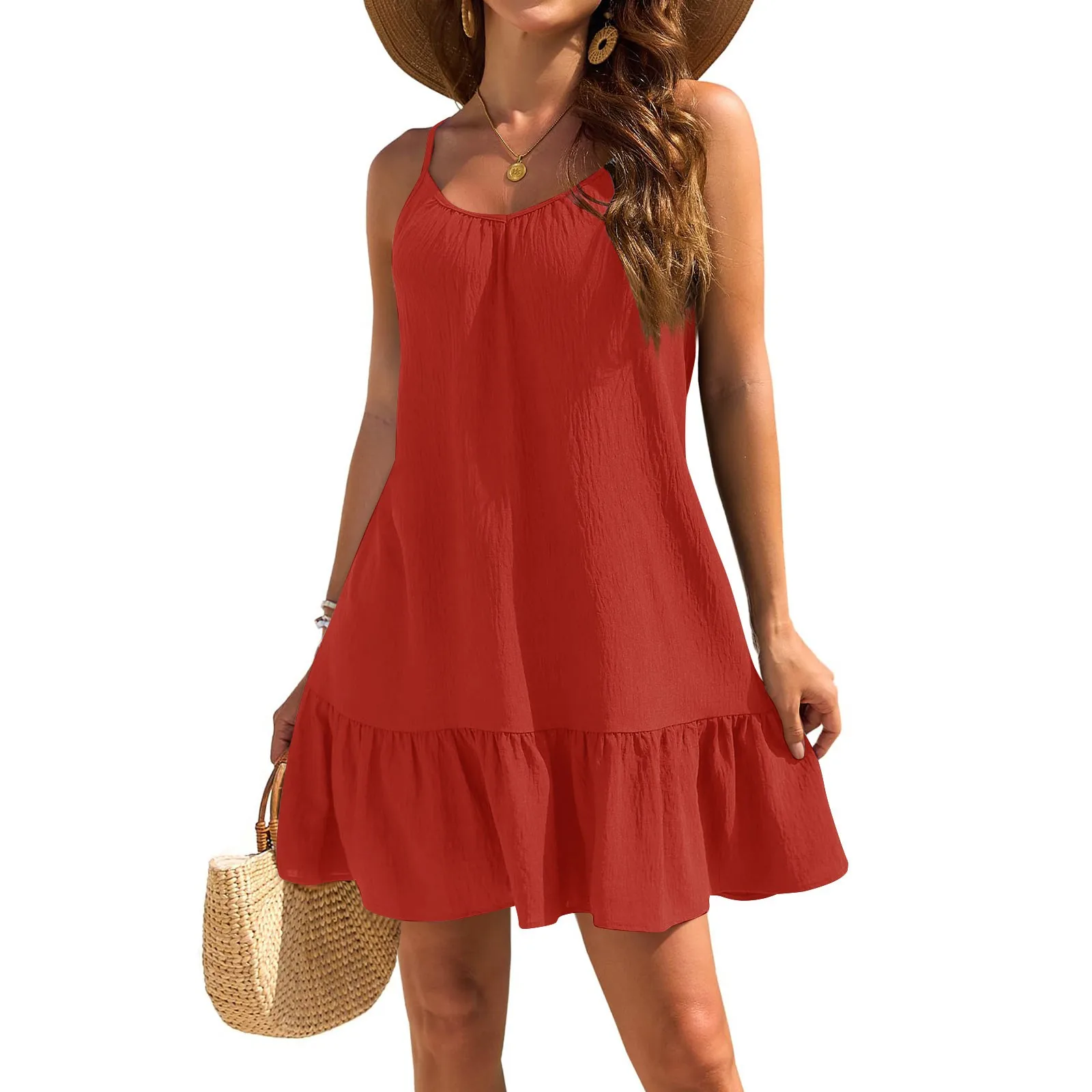Women Mini Dress Summer Casual V Neck Ruffles A-Line Solid Color Dress Female Holiday Boho Loose Beach Elegant Dresses