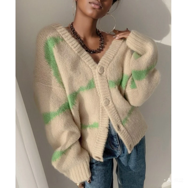 Fashion V-neck Knitted Striped Cardigan Sweater Autumn Women Loose Jackets Winter Elegant Casual Long Sleeve Coats Knitwear Top