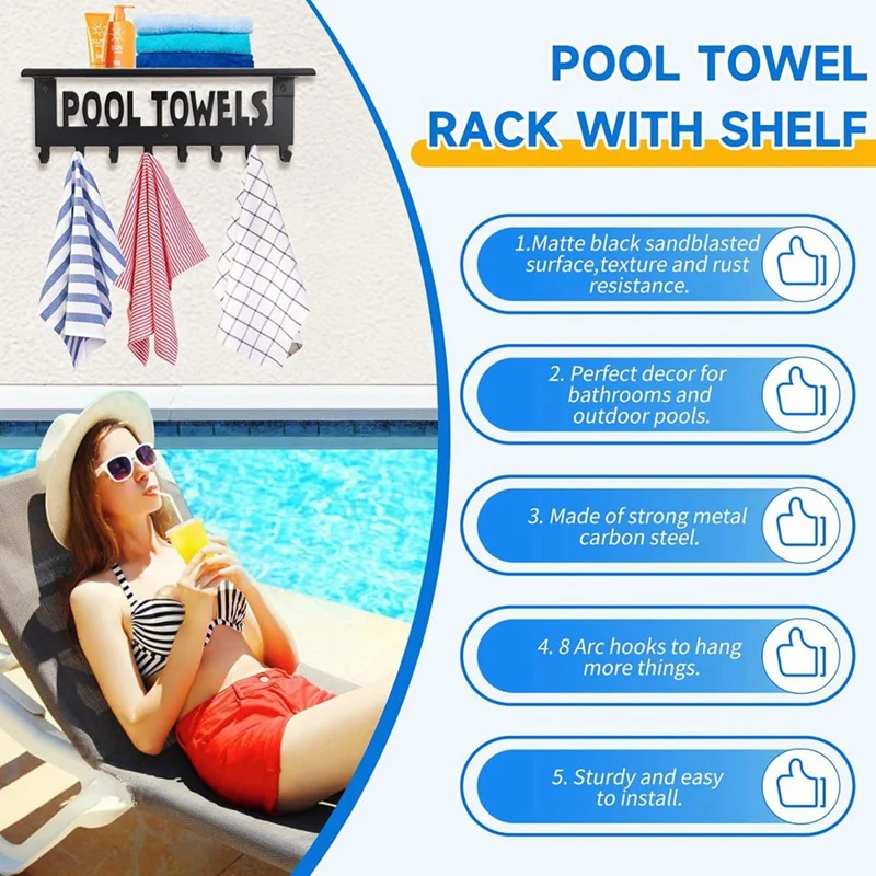 A82I-Pool Towel Racks With Shelf Outdoor Pool Decor Wall Mount Towel Hooks Towel Holder With 8 Hooks Towel Storage Hanger