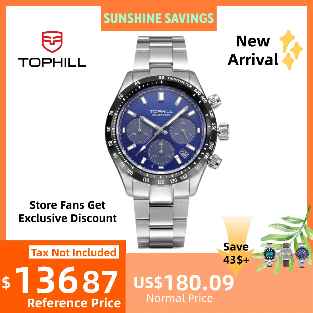 TOPHILL 42mm VR42B Solar-Powered Chronograph Quartz Watch For Men 4.5H Date Window Sapphire C3 Green Luminous 5Bar TL029G