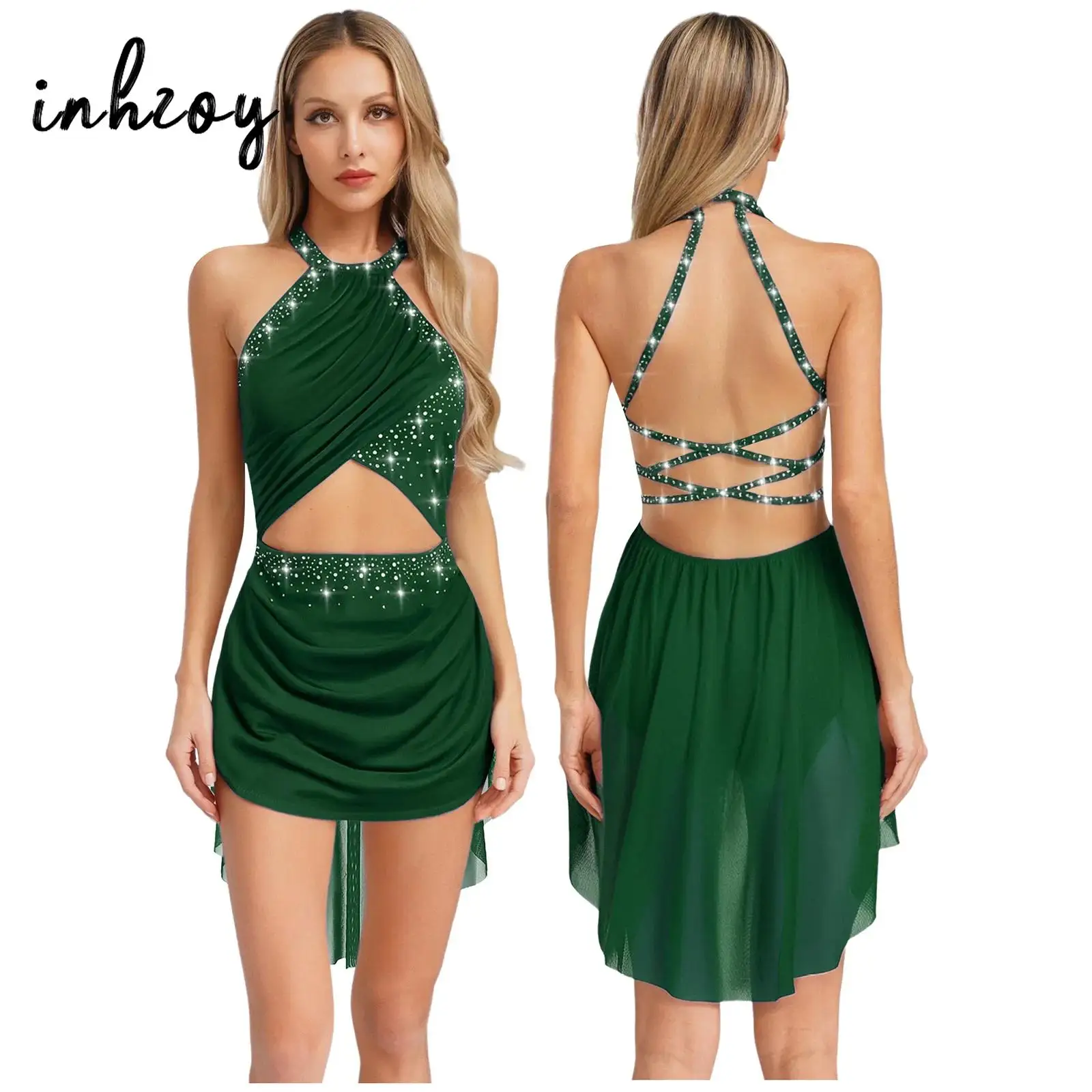 

Женское балетное лирическое танцевальное платье без рукавов с открытой спиной, сетчатое горное хрустальное гимнастическое современное лирическое балетное платье для выступлений