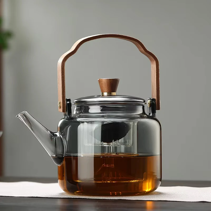 Gray Glass Teapot with Infuser Heat Resistant Tea Kettle Transparent Kung Fu Tea Set Portable Handle Pot Home Office Teaware