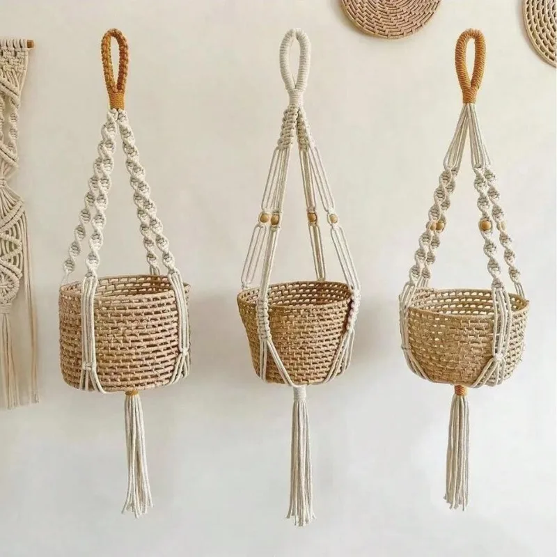 Bohemian Style Hanging Basket Hand Woven Tassel Flower Pot Green Plant Storage Basket Garden Supplies Planters  Accessories