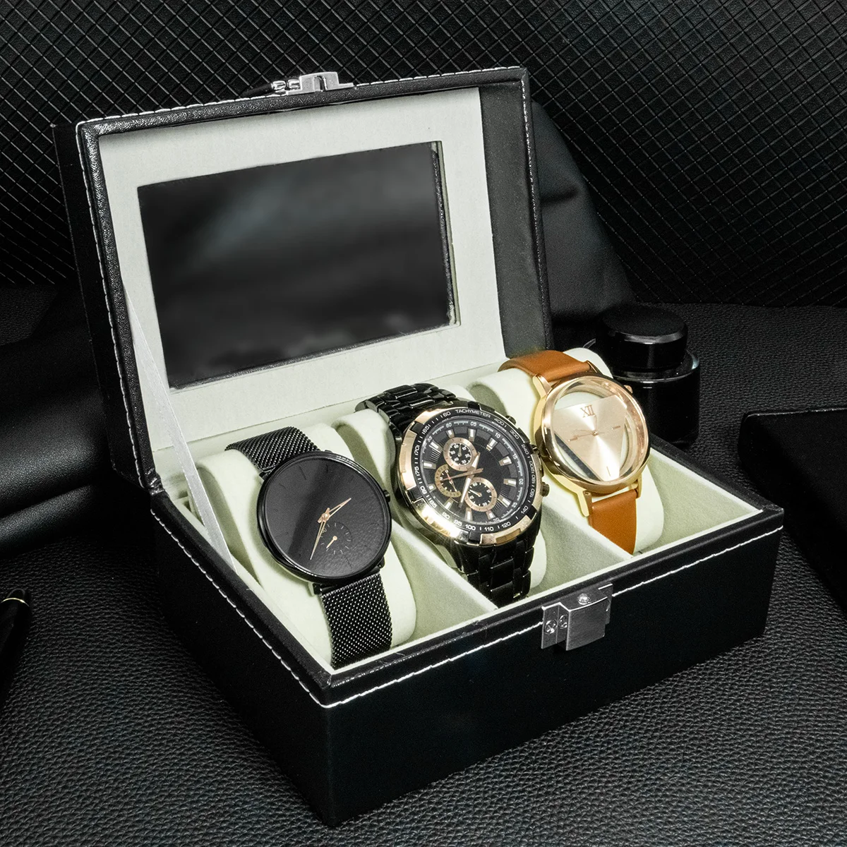 Hot Sale PU Leather Display Storage Collection Organizer watch box Case With Glass Top Slot Men Watch Bracket Display Box Gifts