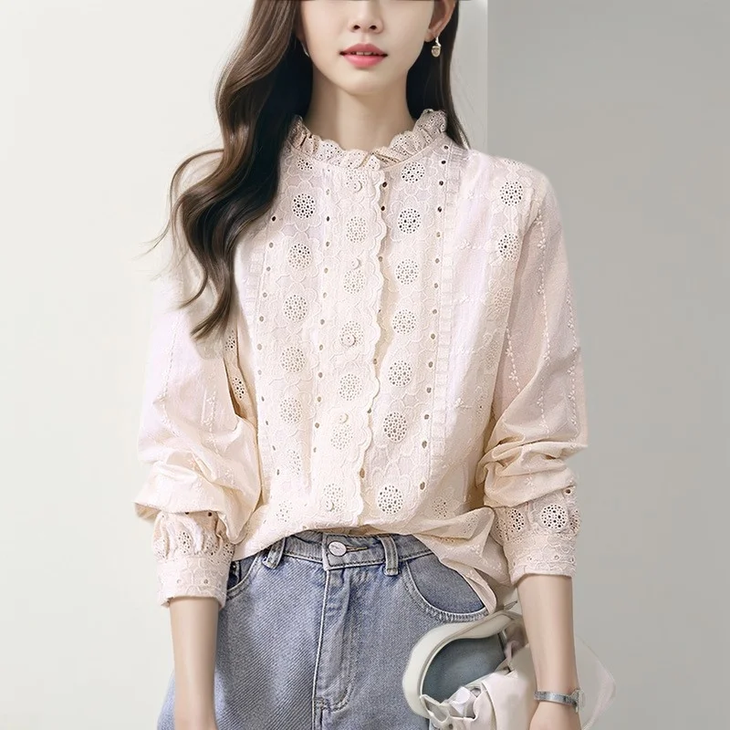 

Весенний новый дизайн, женский длинный свеч irt, кружевной воротник, хлопок, топ с цветочной вышивкой, свободный крой, фонарь...