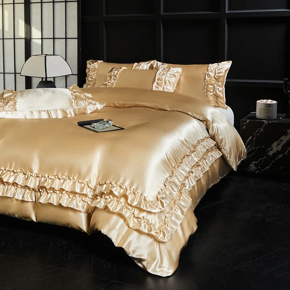 Luxury Satin Double-layered Ruffles Bedding Set Queen Soft Smooth Duvet Cover and Pillowcase Silky Single Double Comforter Cover