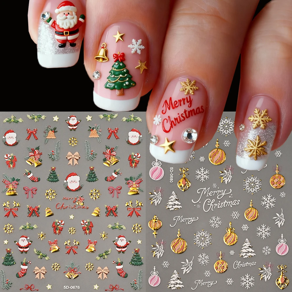 2 قطعة معدنية 5D عيد الميلاد مسمار احباط ملصقات سانتا كلوز/شجرة عيد الميلاد/رقاقات الثلج/قوس أجراس ذاتية اللصق مسمار الشارات DIY بها بنفسك مانيكير #1