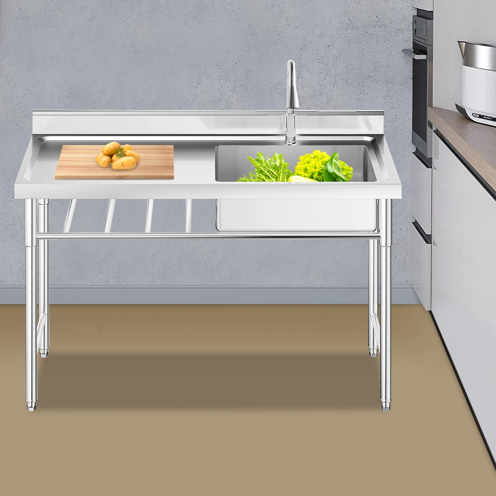 

1 Grid Commercial Kitchen Sink,Free Standing Extra Thick Left Platform Right Basin,200kg Load Capacity for Restaurant & Home Use