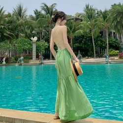 New Summer Halter Midi Backless Dresses 2023 Women Simple Green Slim Vacation Casual Beach Long Sundress Korean Lazy Style