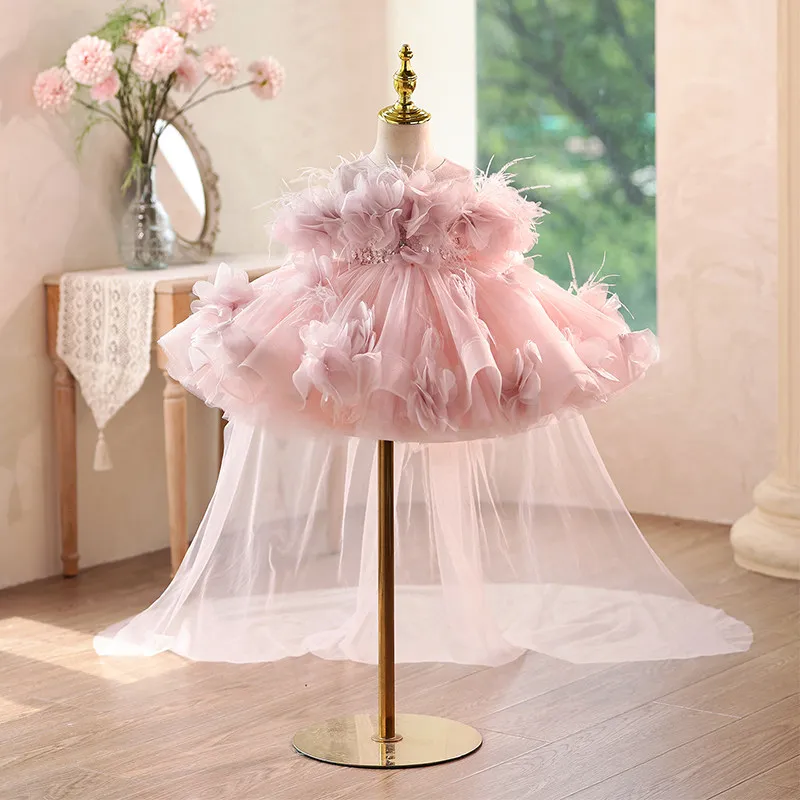 KLFLGD LuxuryElegant Girl Birthday Party Evening DressWedding Flower Girl Bridesmaid Dress Pink Puff Cake Dress