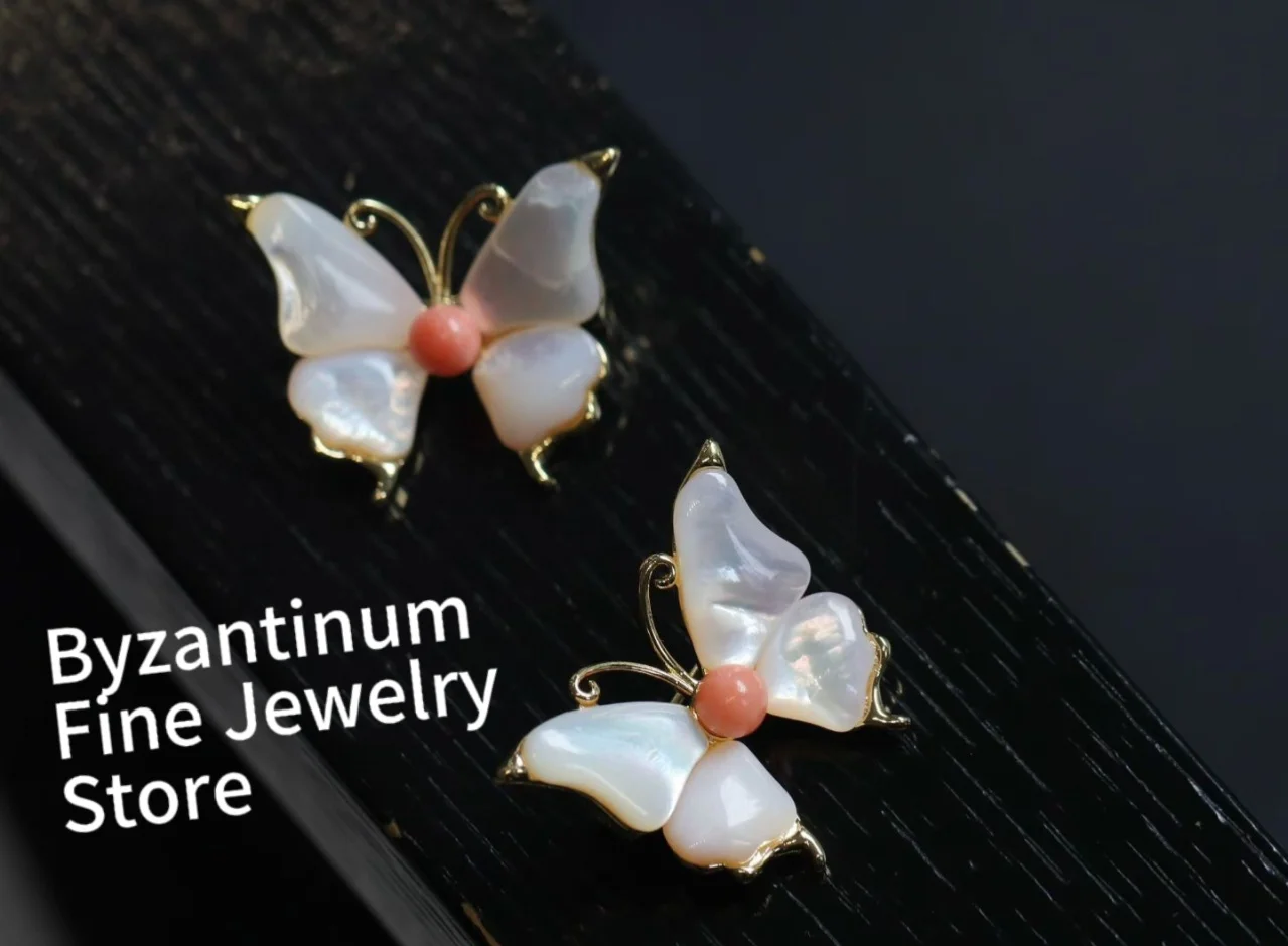 

Certificated Natural Pink Precious Coral Natural Shell of Mother Butterfly Pin Brooch Bespoke High Jewelry Designer Accessory