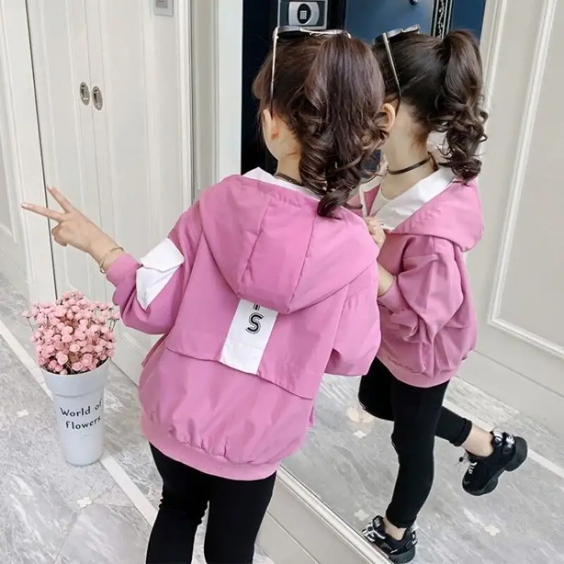 Kawaii Girl Fashion Coat Spring and Autumn Student Casual Cartoon Hooded Zipper Long Sleeves Jacket Tops Children's Clothing