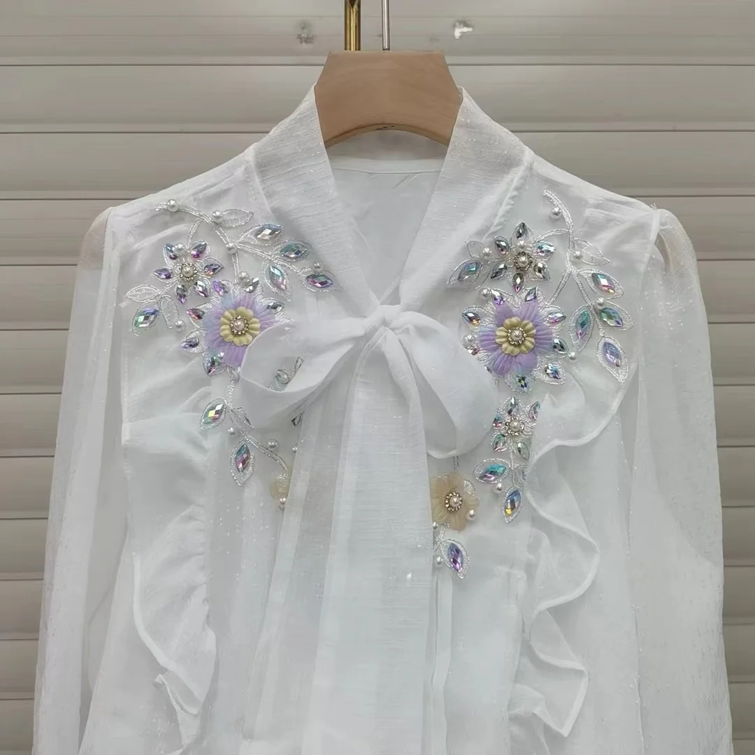 Luxury Style Diamonds Ruffles White Chiffon Shirts for Women 2024 Autumn Blouses Tops Korean Popular Clothes