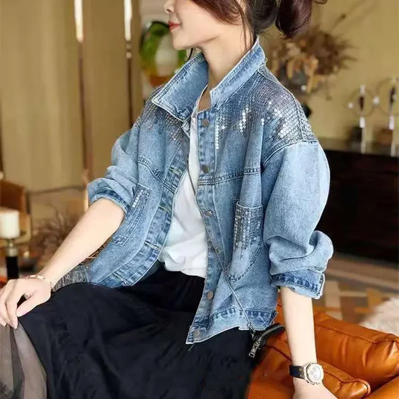 Denim Coat Female Ins Short Early Autumn Coat Sequins Loose Korean Version of Joker Autumn 2024 New Style