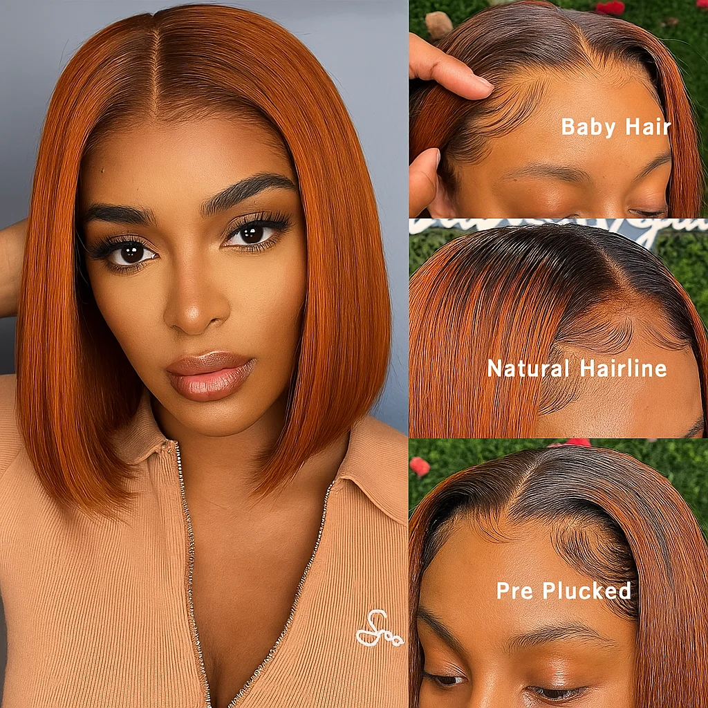 ジンジャー ミックス ブラウン ウィッグ バレイヤージュ # 4/350 レッドカッパー ハイライト ストレート ショートボブ ストレート人毛 13x4 レースフロント ウィッグ