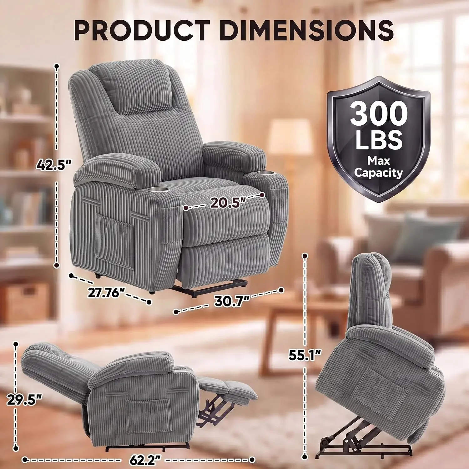 Power Lift Chair Massage Recliner Chairs for Elderly | Ergonomic Lift Recliner Design with Cup Holders & Side Pockets, Remote Co
