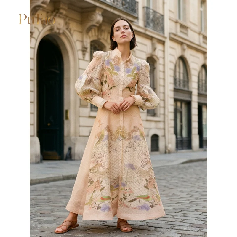Putao  Stand Collar Lantern Sleeve Maxi Dress Vintage Floral Bird Print Front Button Flowy A Line Dress Dubai Vacation Family