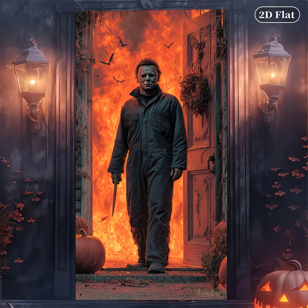 1pc Horror Halloween Door Curtain Indoor/Outdoor Decoration, Designed as Michael Miles Mask, No Electricity Required