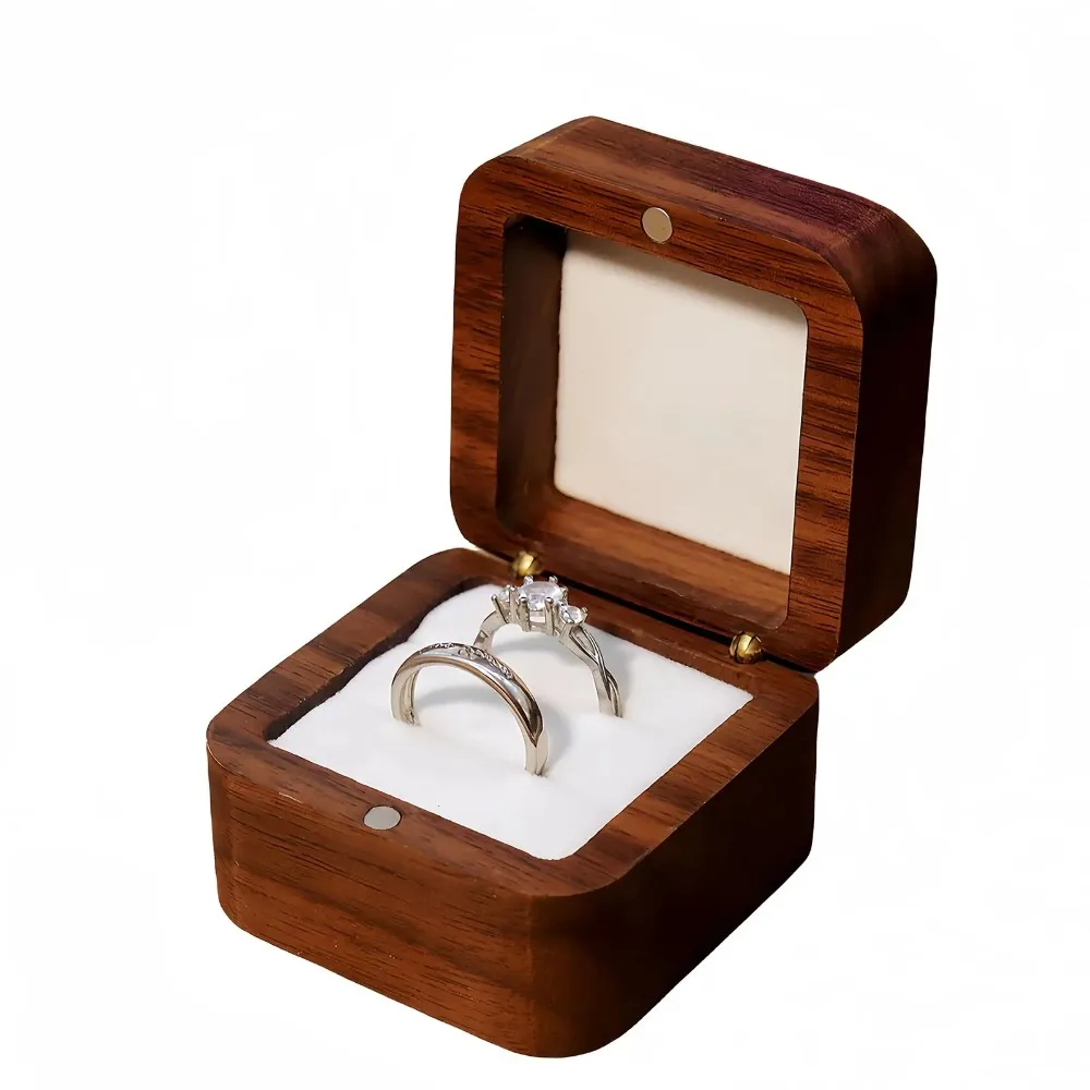 

Elegant Vintage Two Ring Box Black Walnut Wood Keepsake for Wedding Proposal Pocket-Sized Double Ring Holder Heirloom Engagement