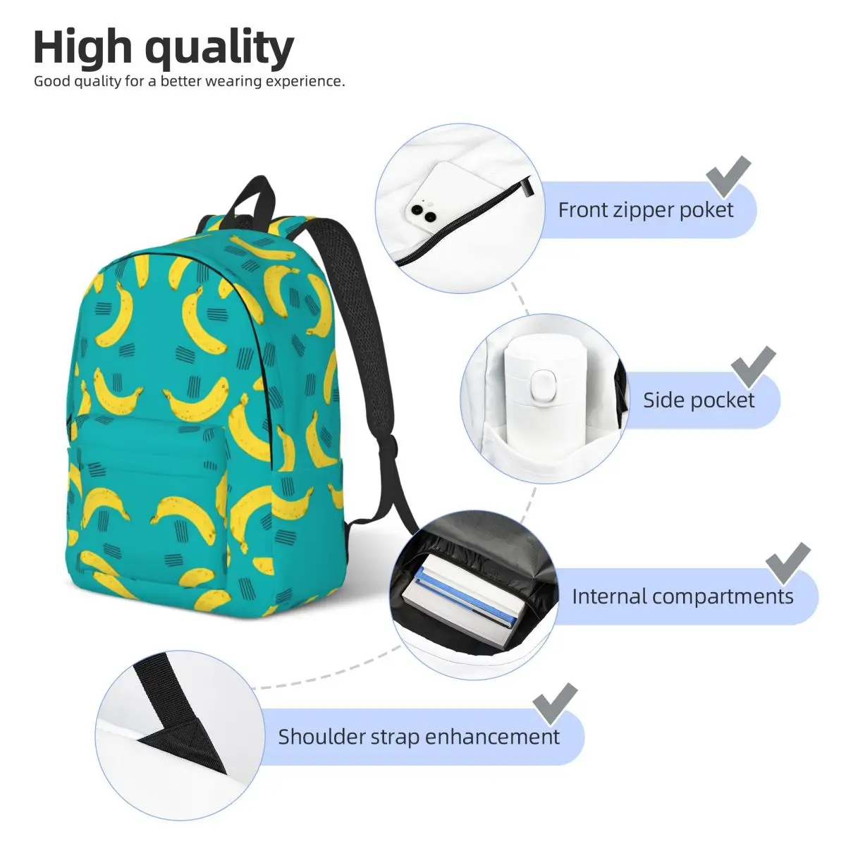 Yellow Banana Backpack Fruit Print Student Unisex Polyester Trekking Backpacks Large Cute High School Bags Rucksack