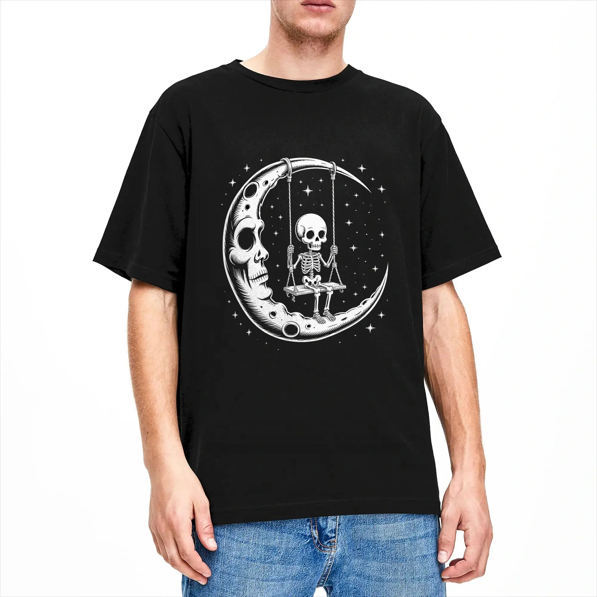 Skeleton Moon Swing T-Shirt Summer  Fashion T Shirts Men Cotton Breathable Oversized Tees Short-Sleeved Streetwear Tshirt