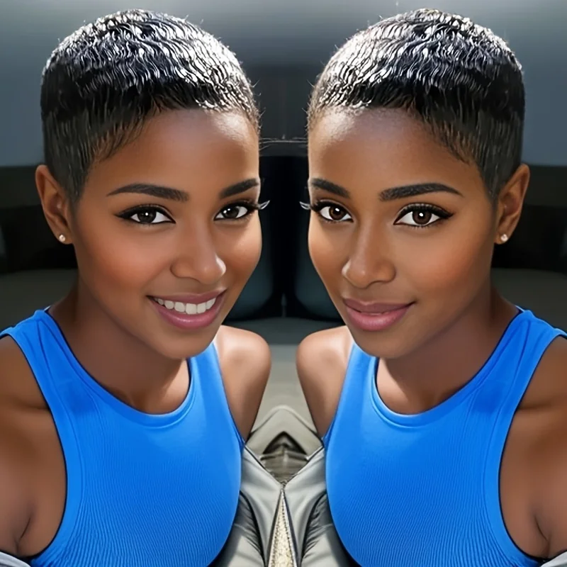 짧은 레이어드 픽시컷 인모 전체 머신메이드 가발 (앞머리 포함) 시원한 여름 가발