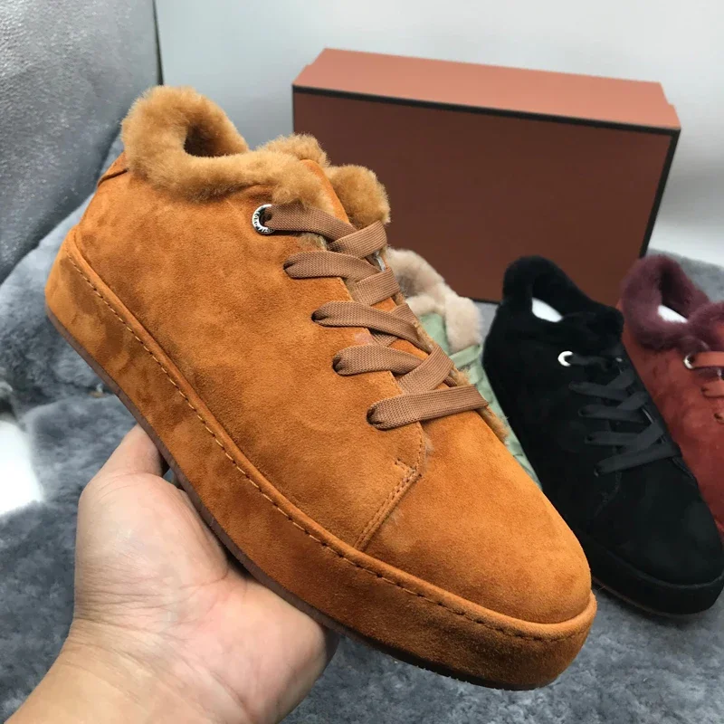 Multicolor Suede One-pedal Furry Shoes for Women Lace Up Low Top Women Warm Walk Shoes Thick Wool Winter Fur Sneakers