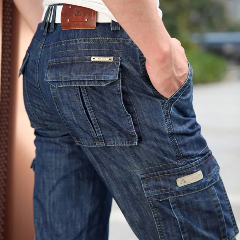 Männer Jeans Regelmäßige Stretchy Motorrad Denim Hosen Gerade Bein Cargo Pant Casual Military Multi-pocket-Jeans Männlichen Kleidung