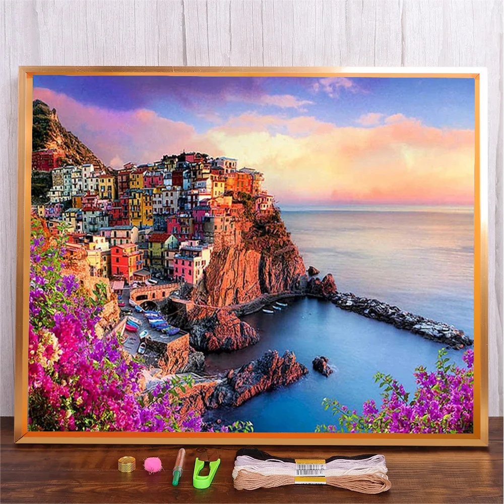 

Seaside Town Cross Stitch Kit 14ct 11ct Sunset Landscape Printed Fabric Cotton Thread Embroidery DIY Handmade Wall Art Picture