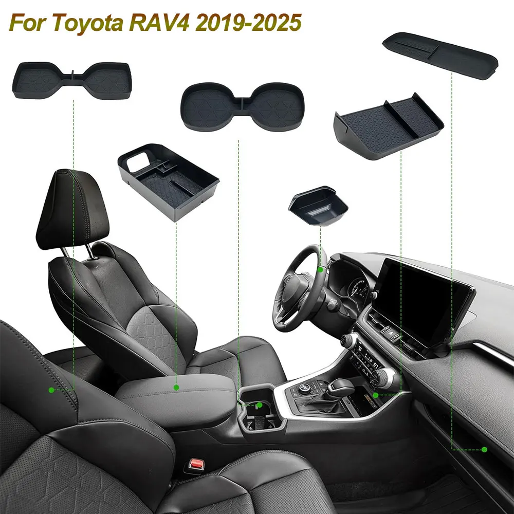 

6PCS Center Console Organizer Tray For Toyota RAV4 2019-2025 Armrest Storage Box Passenger Storage Mat ABS Cup Holder Inserts