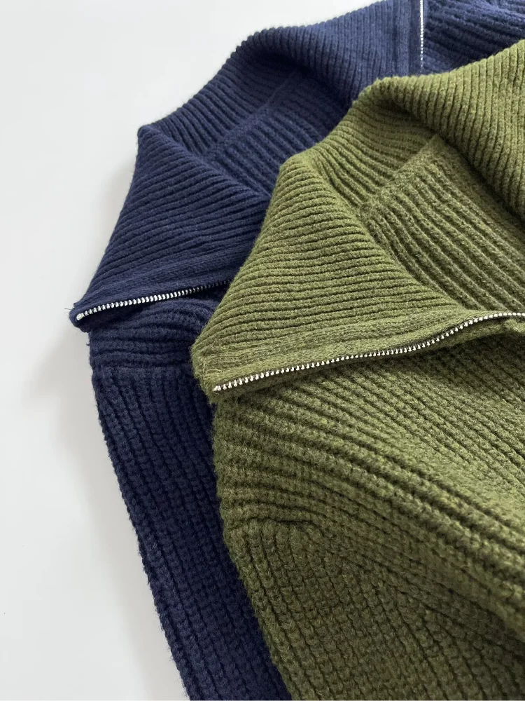 

Knit Women's Cardigan Two-Way Zipper Stand-Up Collar Waist Hem Solid Female Sweater Autumn Loose Casual Elegant Cardigans Ladies