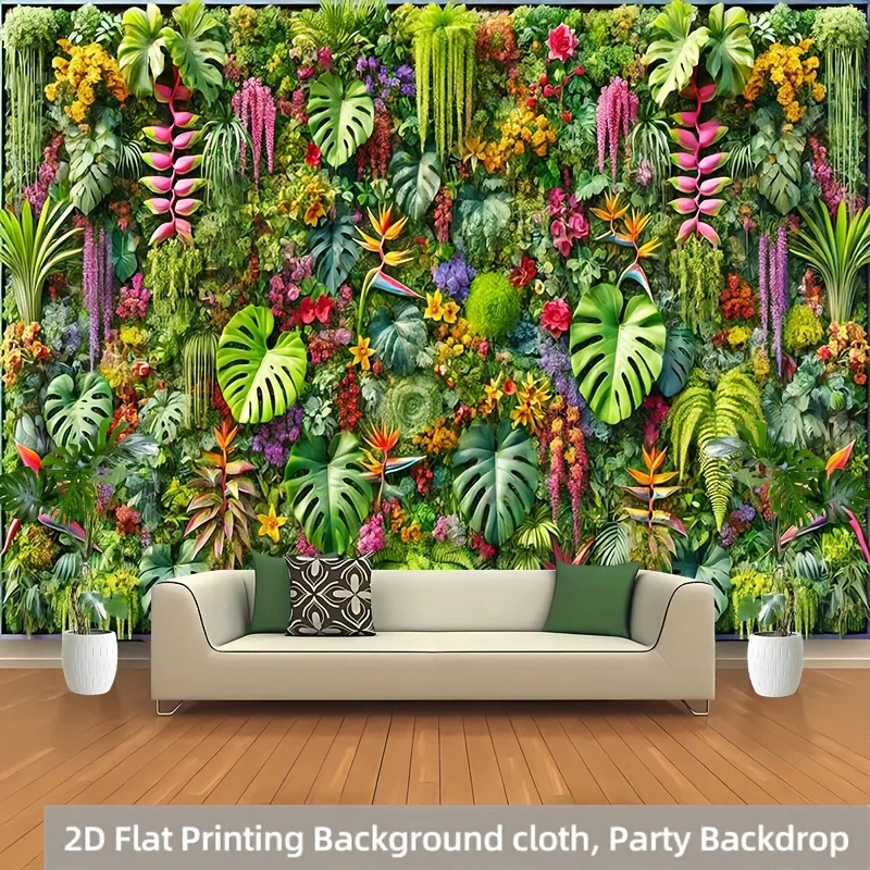 Ein flacher, lebendiger 2D-Polyester-Hintergrundstoff mit tropischen Pflanzen und leuchtenden Blumen, geeignet für Heim- und Bürodekoration