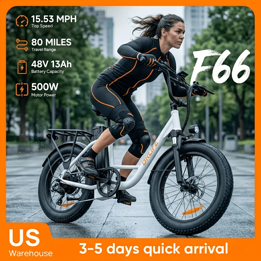 F66 Low-Speed Electric Bicycle, 15.53MPH E-Bike, 500W Peak Motor, 48V13Ah Battery, 20-Inch Fat Tire, Color LCD Display for Urban & Outdoor Riding