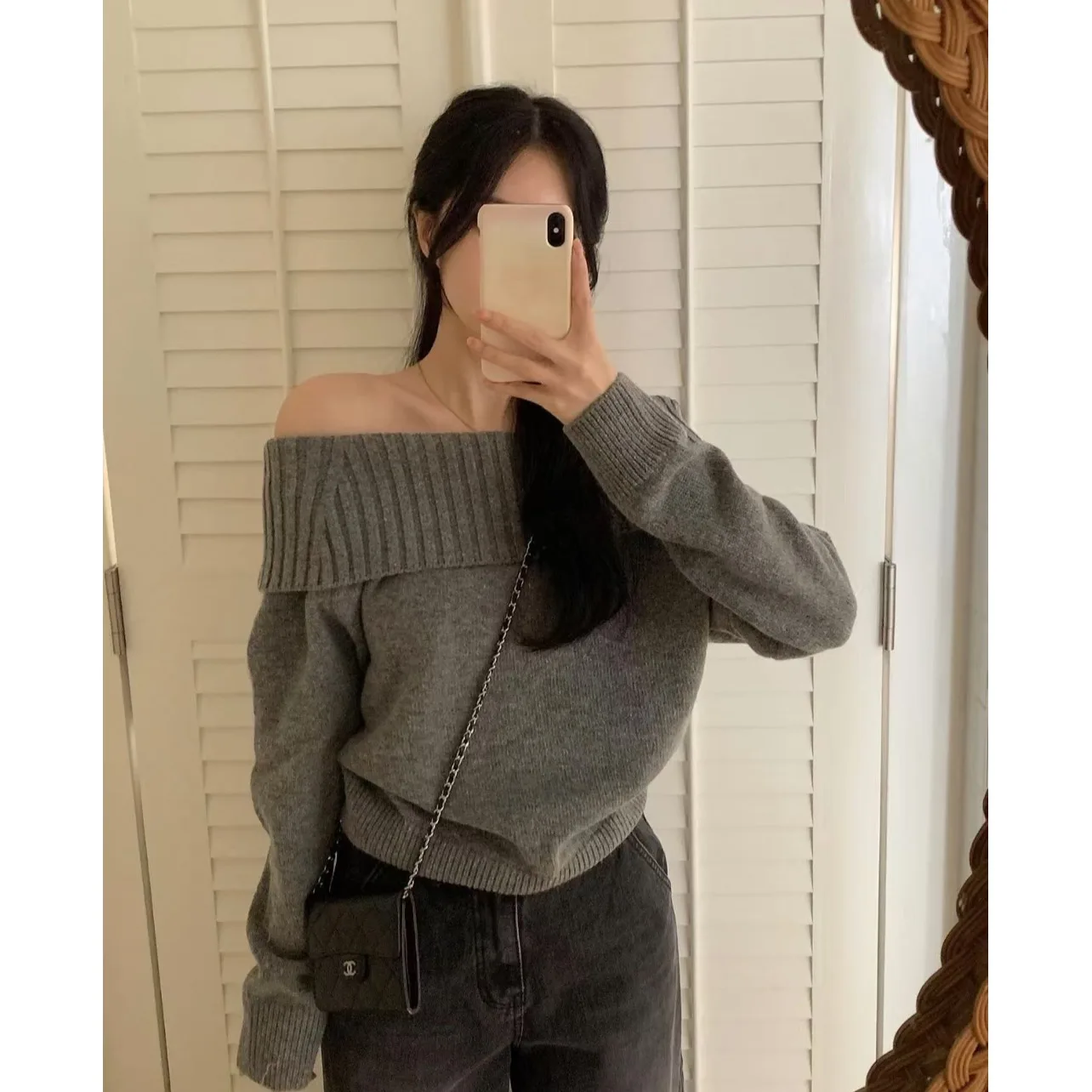 Autumn Winter Shoulder Bared Long Sleeve Knitted Sweater Women Slimming Elegant Style Casual Fashion Comfortable Fit Knitwear