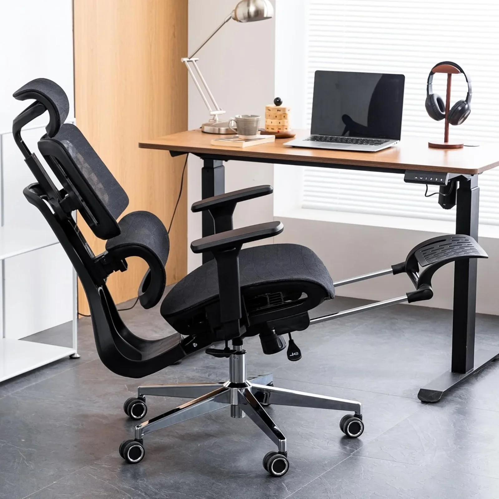 -silla ordenador con reposapiés, respaldo alto, escritorio malla, profundidad de asiento ajustable