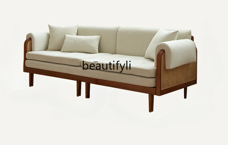 

Retro folding sofa bed dual-purpose straight row solid wood rattan living room imperial concubine fabric modern simple