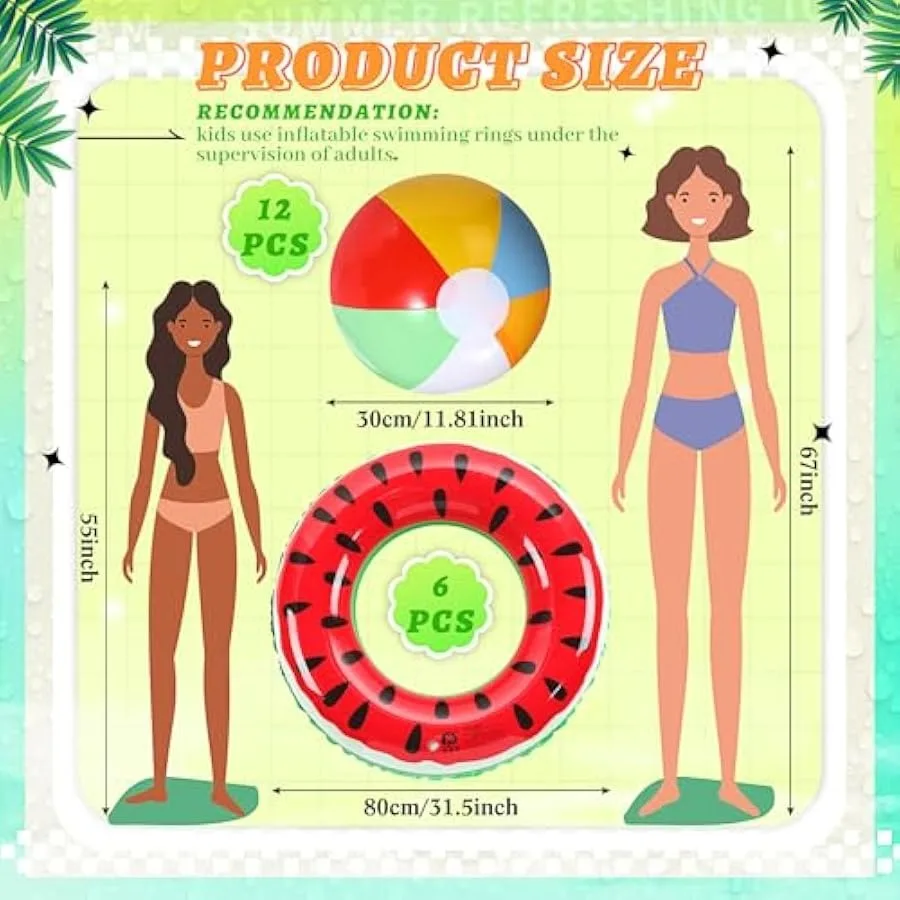 18 Pcs Summer Fruit Pool Floats 6 Watermelon Orange Grape Pool Swim Tubes Rings 12 Beach Balls Swimming Inflatable Floaties Toy