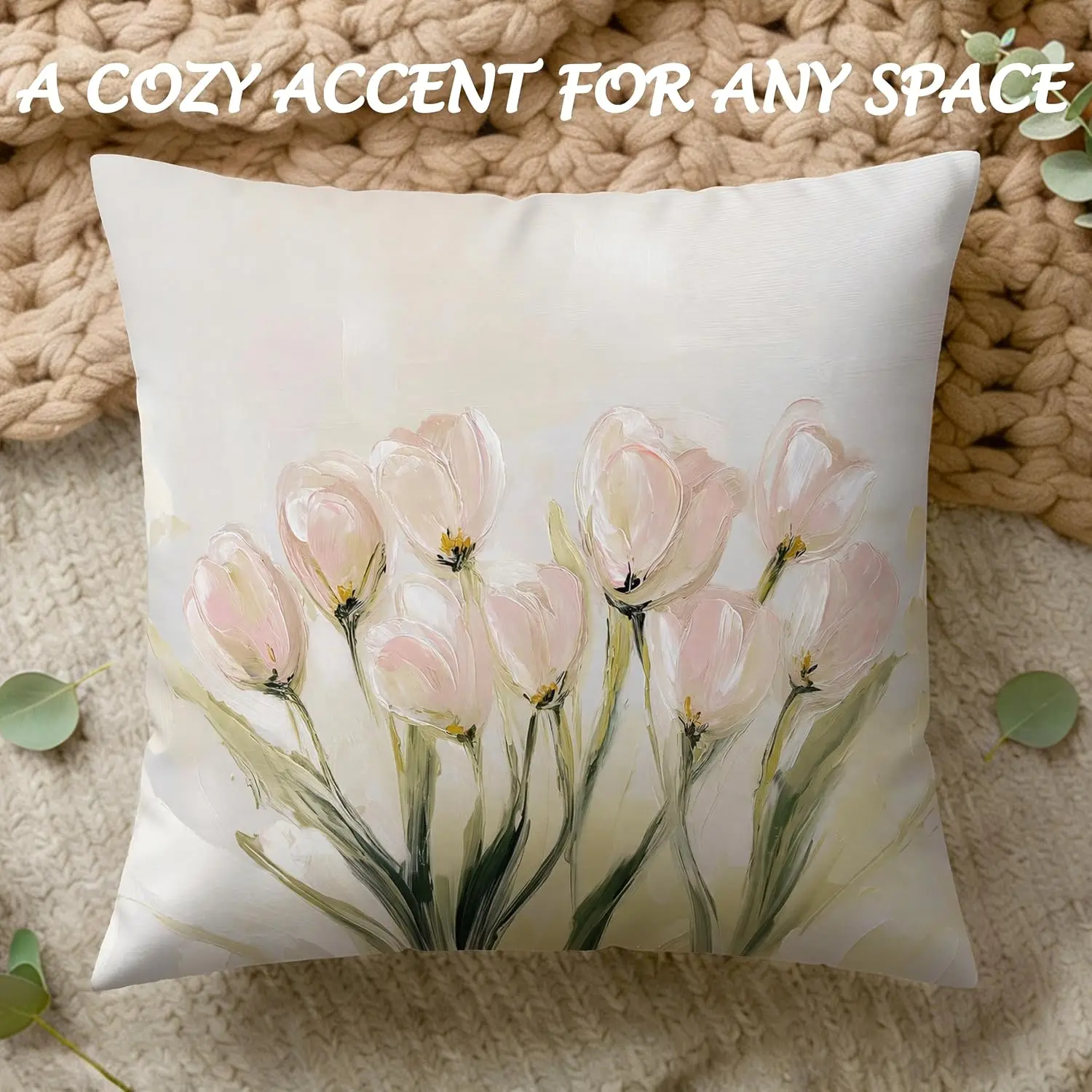 Elegant Watercolor Floral Tulip Pillow Cover Blush Pink Botanical Spring Decor Cushion Pillowcase Home Bedroom Accent Art