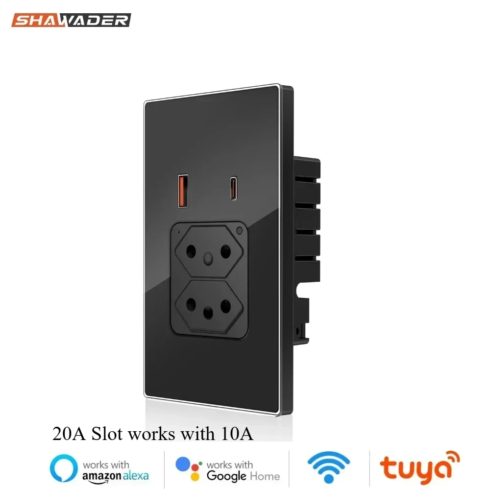 Shawader Tuya Brazil Plug 20A WIFI Wall Socket USB Type-C PD 30W Smart Outlet Glass Panel Voice Remote by Google Home Alexa