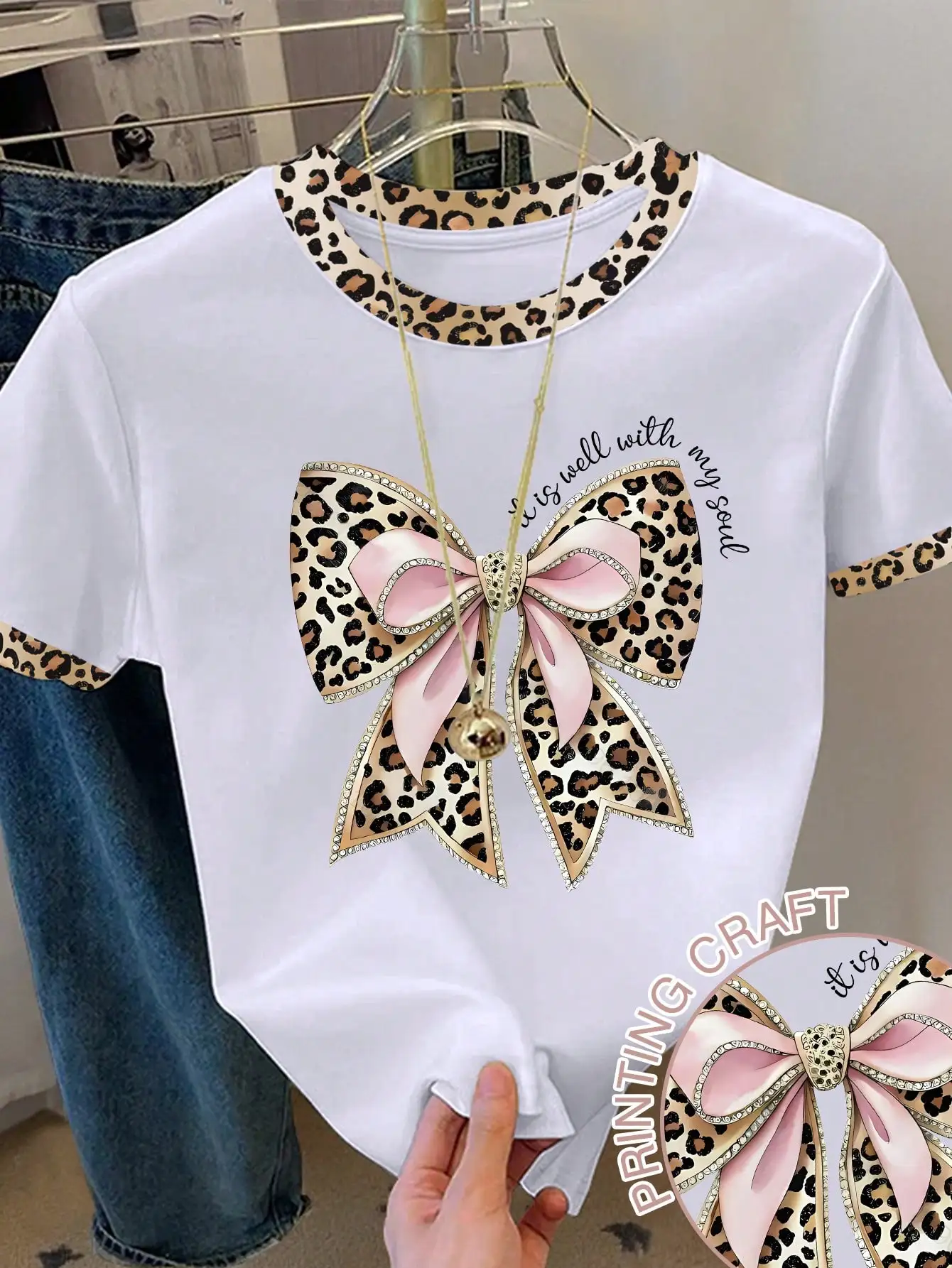 Women Leopard Bow Graphic T-Shirt, It Is Well With My Soul Slogan Print Crew Neck Short Sleeve Contrast Leopard Trim Casual Tee