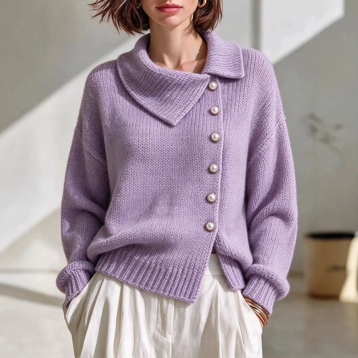 2026 Women's Asymmetrical Lapel. Knitted Cardigan. Autumn. And Winter Loose Thick Thread Pearl Button Sweater Luxury Party Lace