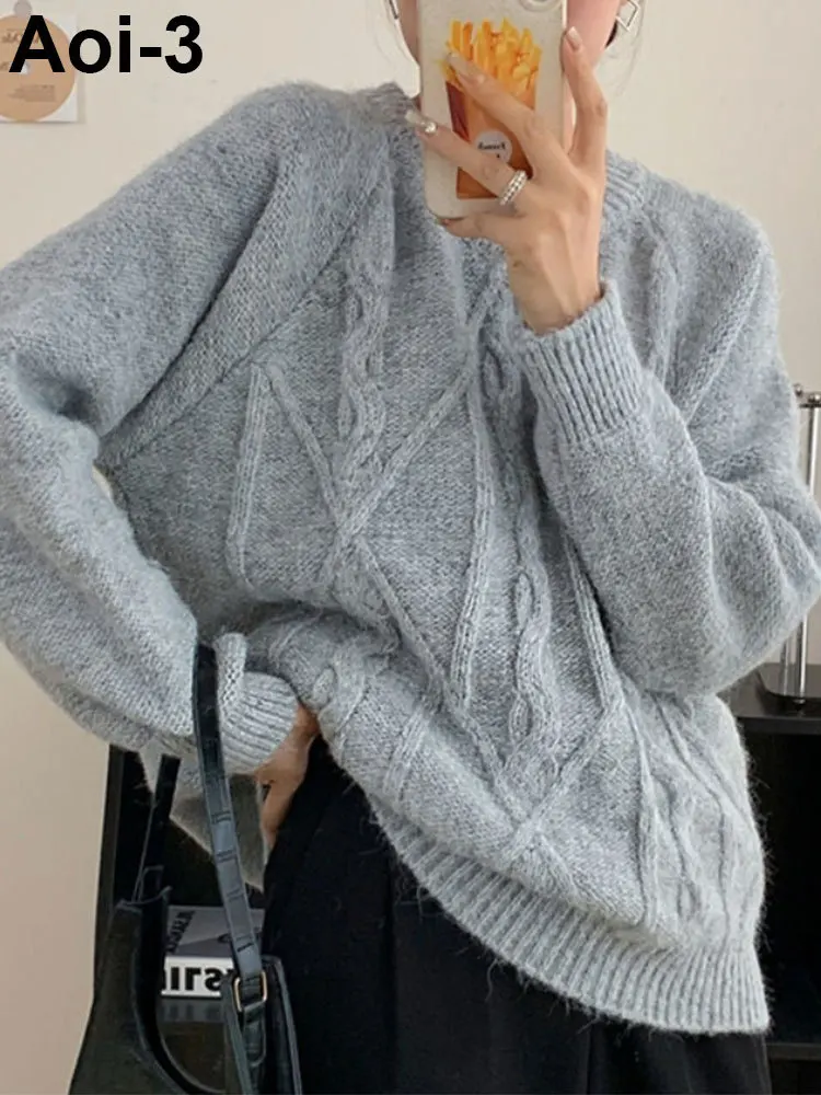 Vintage Commuter Knitted Pullovers Women's 2023 Autumn Winter New Loose Round Neck Twist Sweater Casual Long Sleeve Knitwear Top