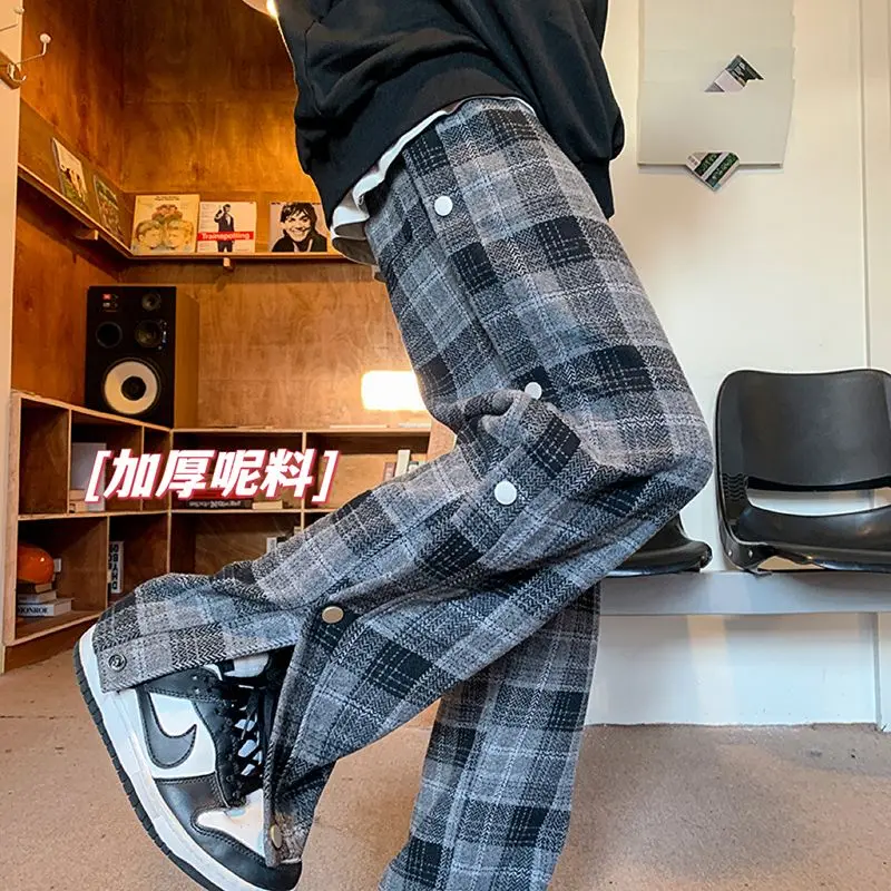 Woolen Pants for Men Winter Japanese Style Lazy and Falling Straight Leg Loose Sports Pants Checkered Wide Leg Casual Pants