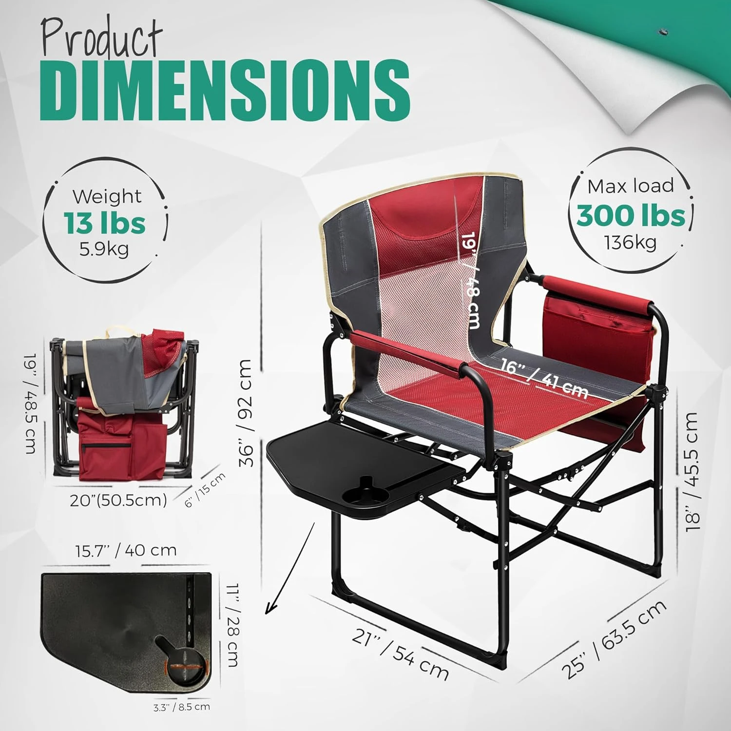 Portable Camping Directors Chair, Heavy Duty, Cadeira dobrável de grandes dimensões com mesa lateral, Bolso para praia