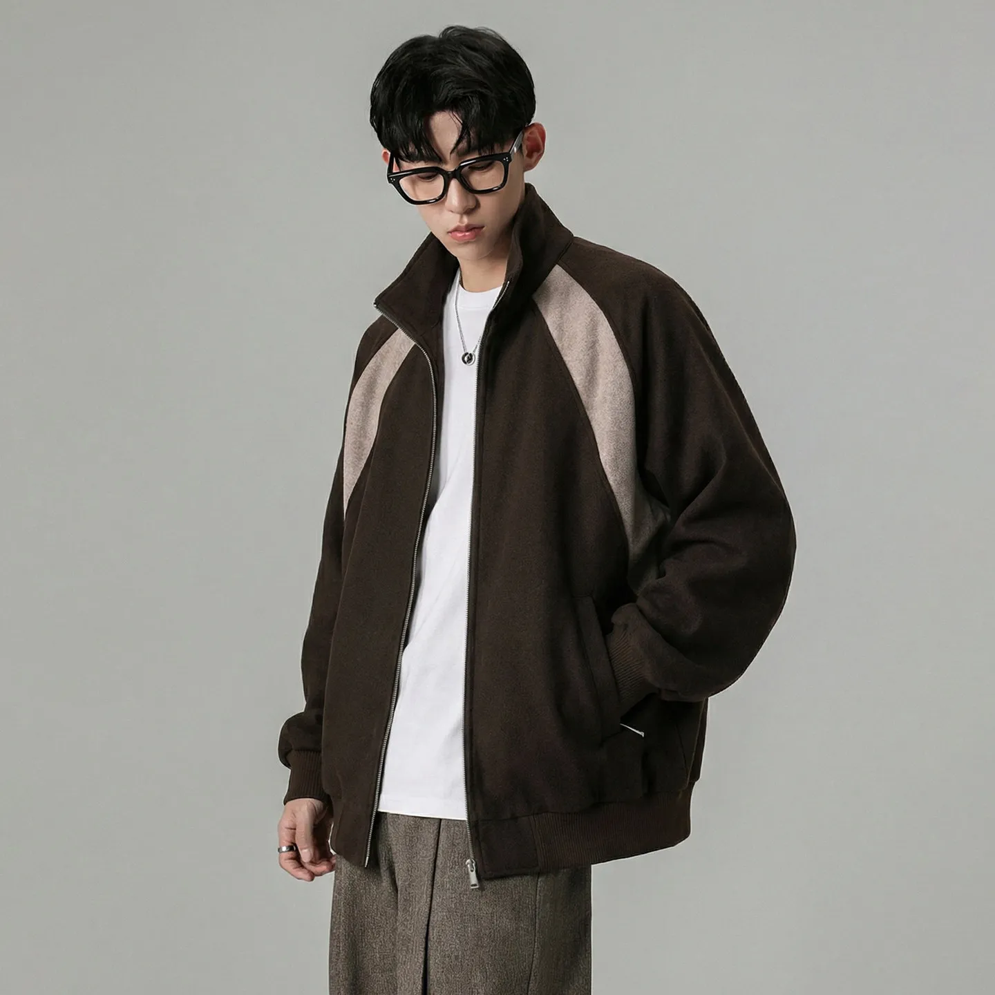 

Spring New Sle 2026 Men's Wool Blend Jaet Loose Fit Color Blo Casual Coat Breathable Polyester Zipper Closure