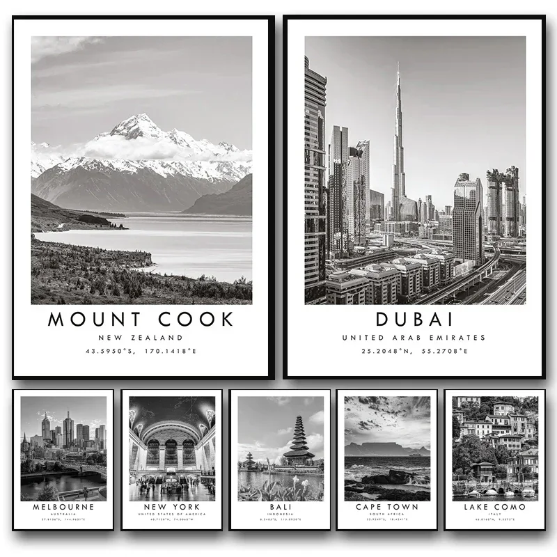 Póster De ciudad De viaje blanco y negro, pintura en lienzo con estampado De Dubái, Praga, Sydney, Perth, Tokio, imagen artística De pared para sala De estar y hogar
