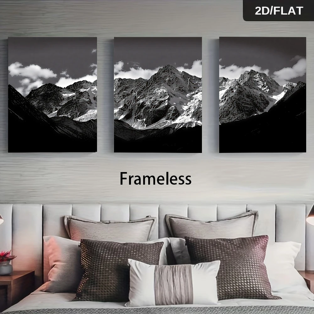 1 set of modern minimalist black and white mountain range three-panel frameless decorative painting, 2D flat