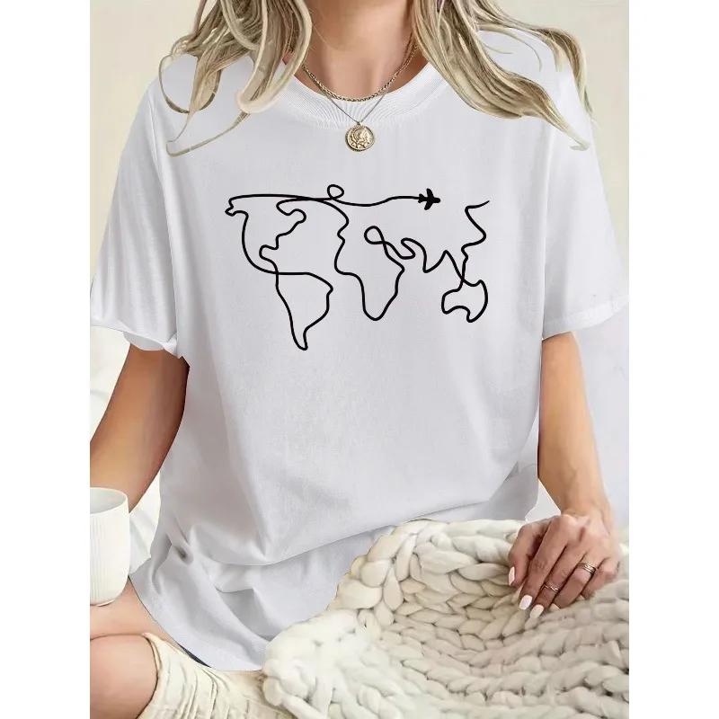 

Women's Casual T-Shirt with World Map Print Crew Neck Short Sleeve Comfortable Year-Round Women's Crew Neck Top Cotton T-Shirt