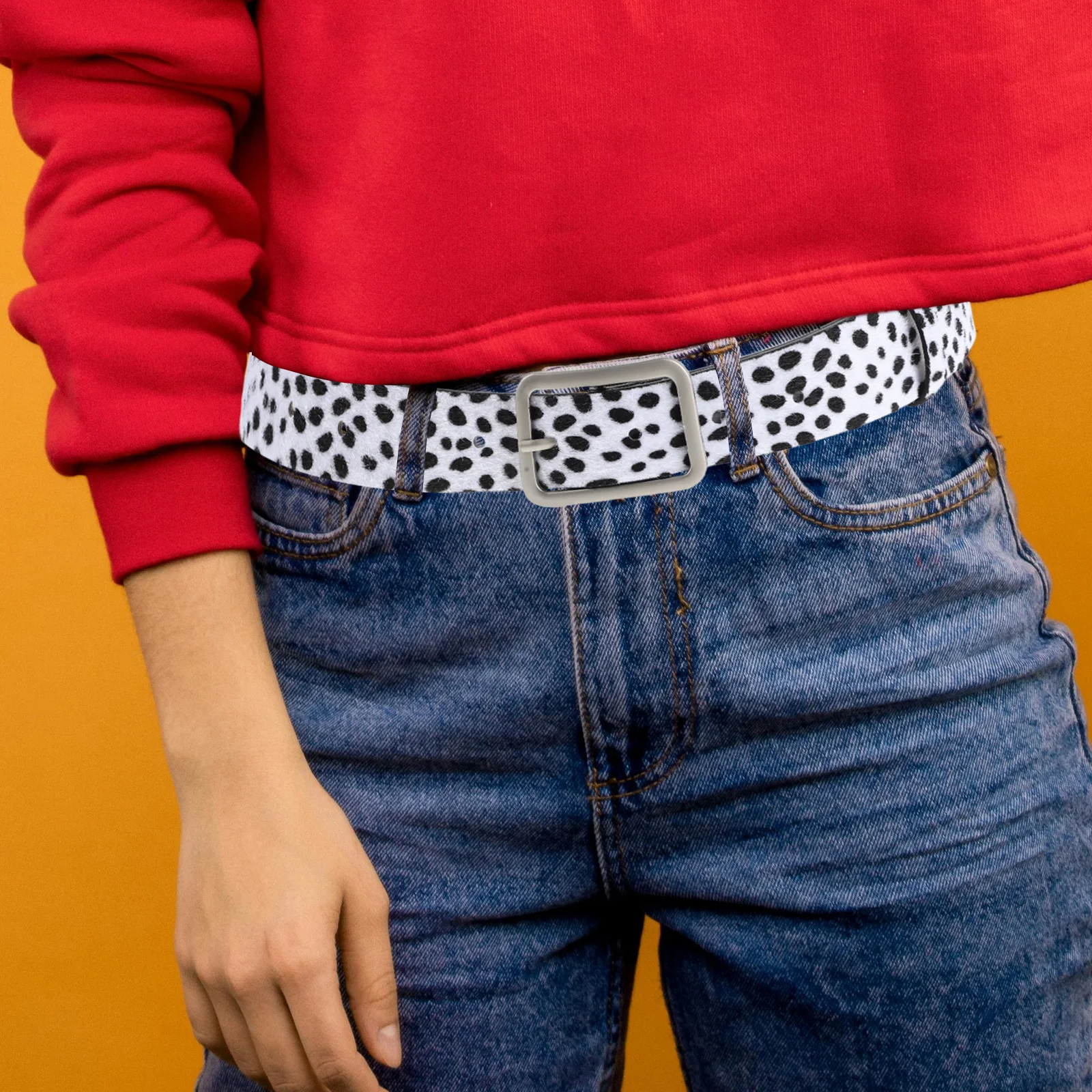 

2Pcs Ladies Fashion Belts Black and Gray Polka Dot Adjustable Western Buckle Belt for Women Dress Jeans Skirt Casual Wear Retro